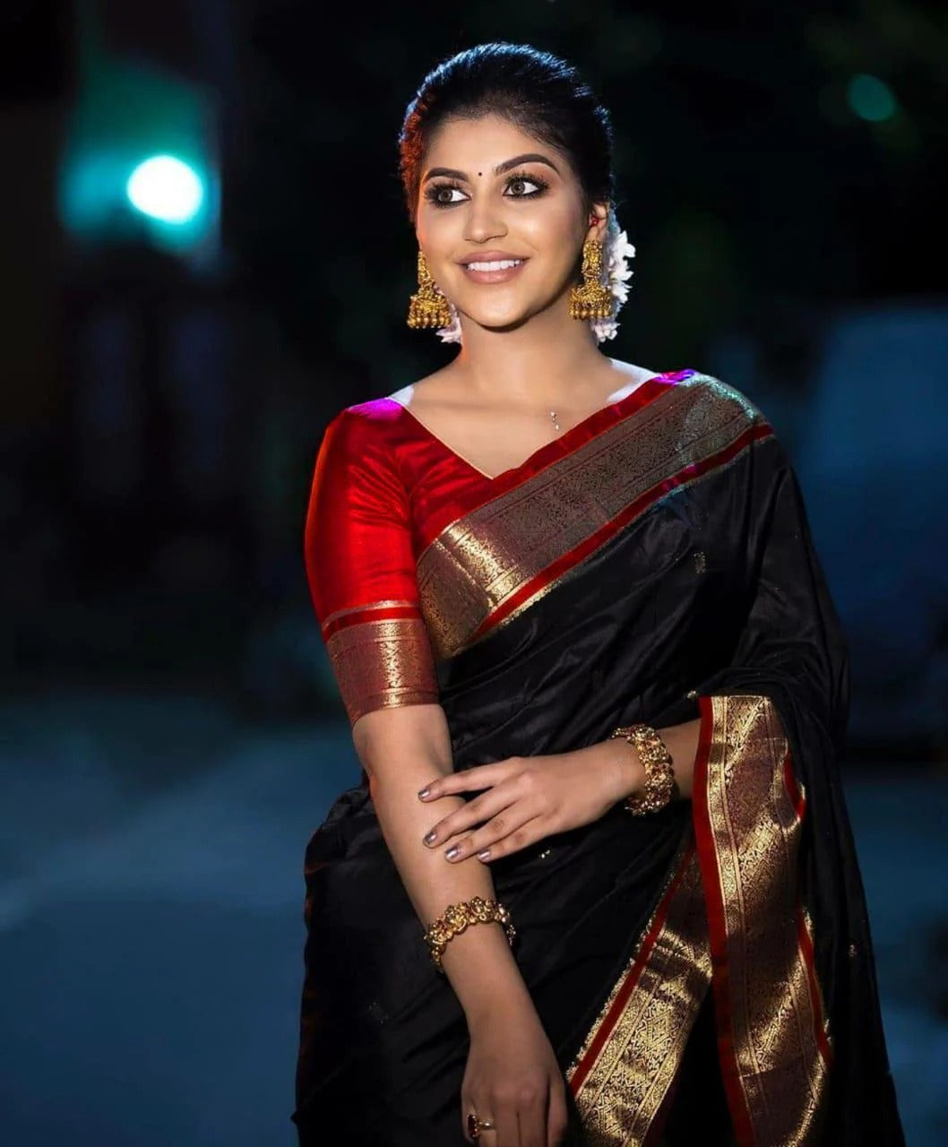 Maithili - Black Soft Silk Saree with Red Blouse and Golden Zari Border