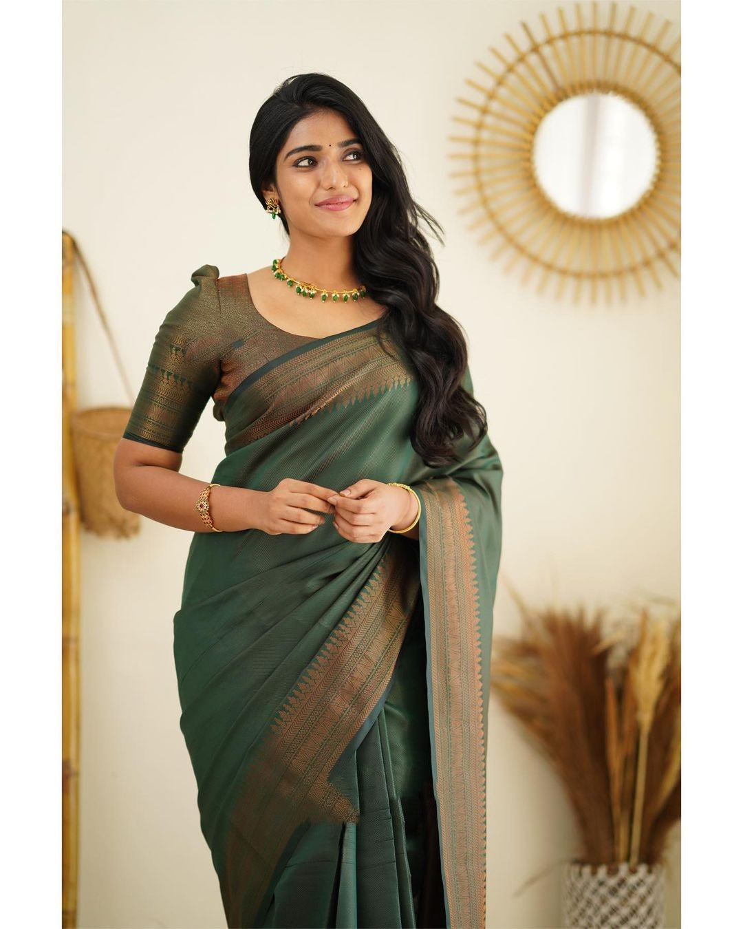 Dipti Green Soft Silk Saree With Imaginative Blouse Piece Attached