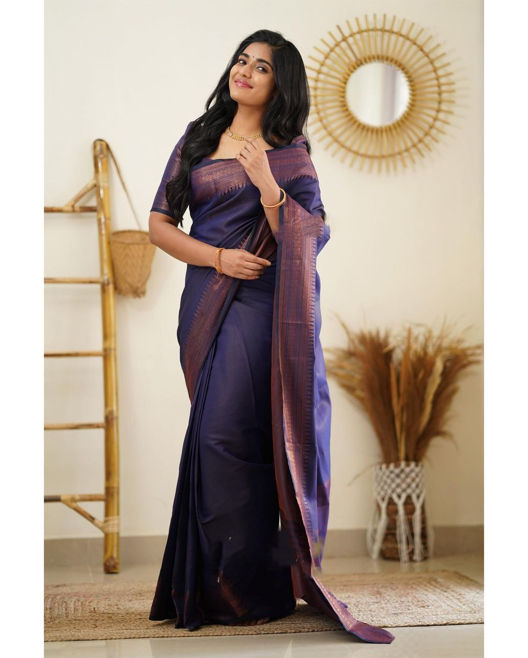 Dipti Navy Blue Soft Silk Saree With Imaginative Blouse Piece Attached