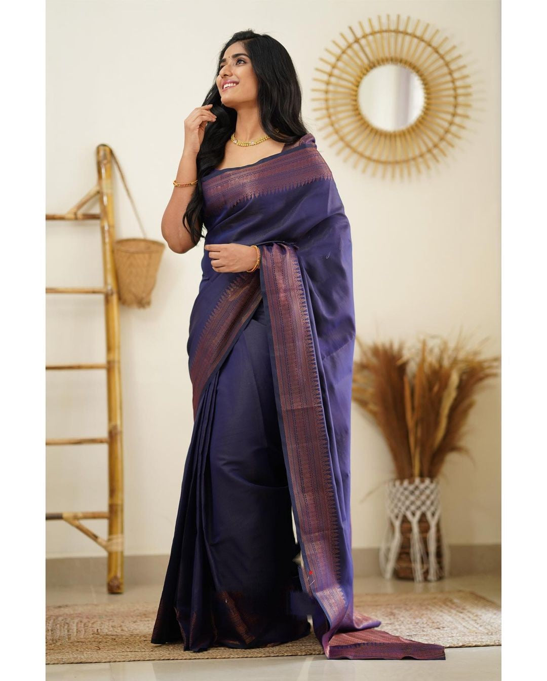 Dipti Navy Blue Soft Silk Saree With Imaginative Blouse Piece Attached