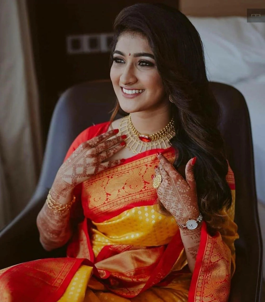 Pranita – Yellow Red Banarasi Silk Saree