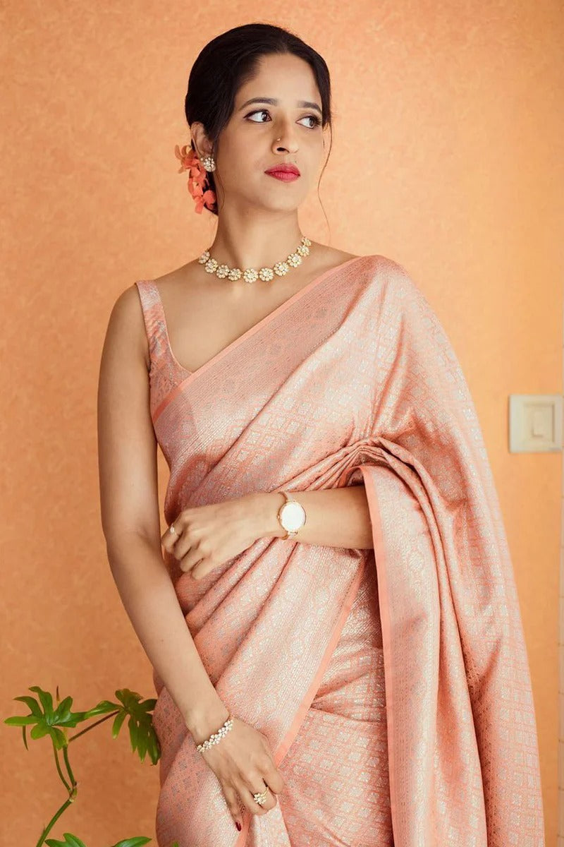 Sundari - Peach Soft Banarasi Silk Saree with Jacquard Work &amp; Matching Blouse