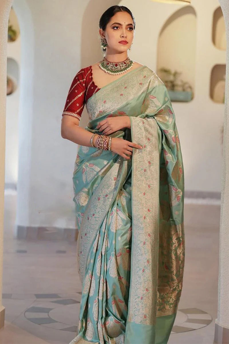 Saanvika – Sea Green Soft Silk Saree with Jacquard Weaving &amp; Rich Red Blouse