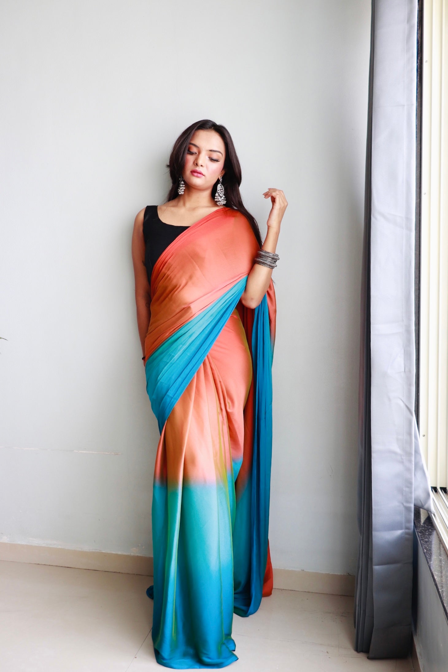 1 MIN Ready To Wear Orange-Sky Blue Dual shade Saree - Sunset Sky