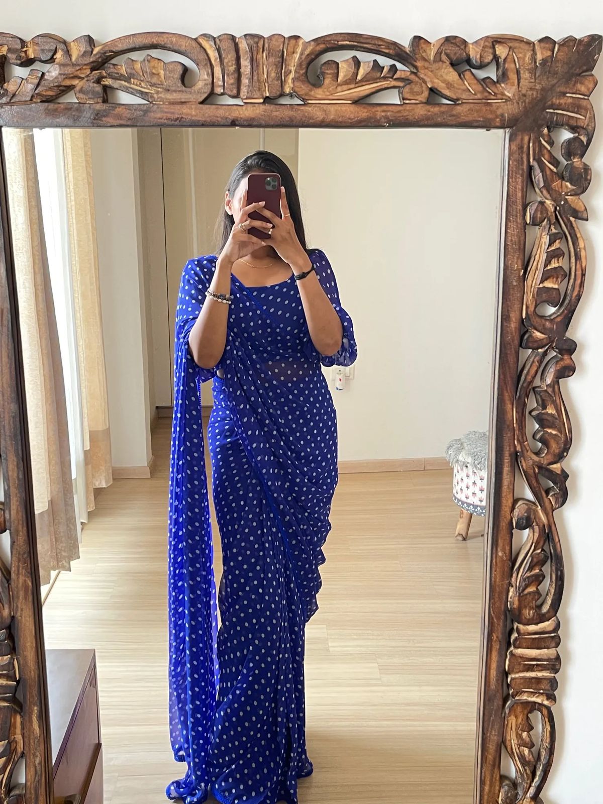 One Min Ready to Wear Royal Blue Dot Saree