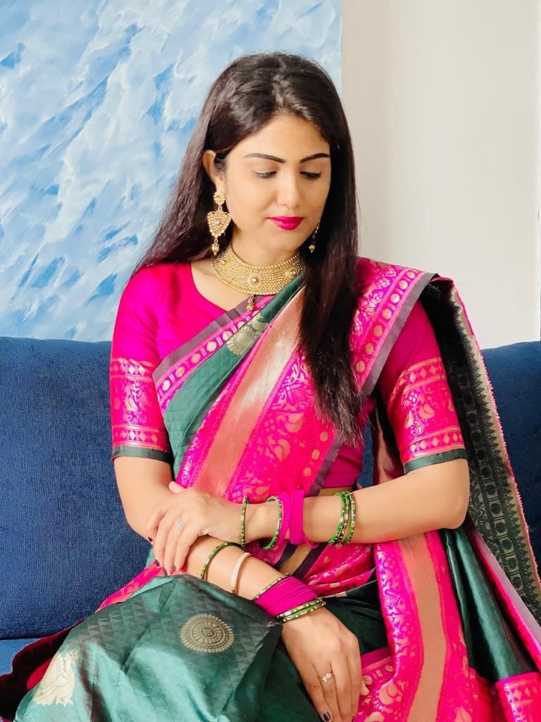 Nandita - Green Banarasi Silk Saree with Firozi Jacquard Blouse