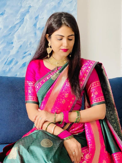 Nandita - Green Banarasi Silk Saree with Firozi Jacquard Blouse