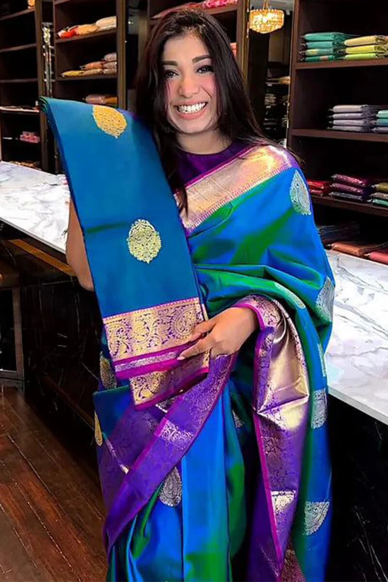 Aastha - Blue Soft Silk Saree with Jacquard Woven Motifs