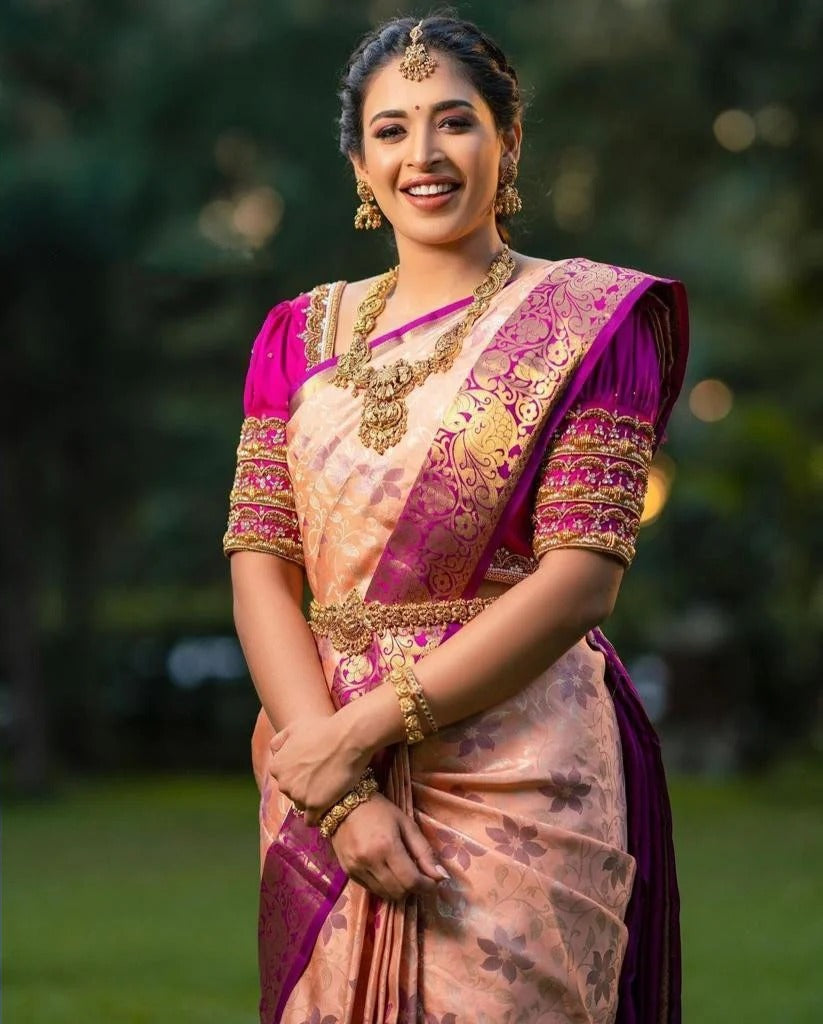 Maithili - Peach Soft Banarasi Silk Saree with Rich Jacquard Weave