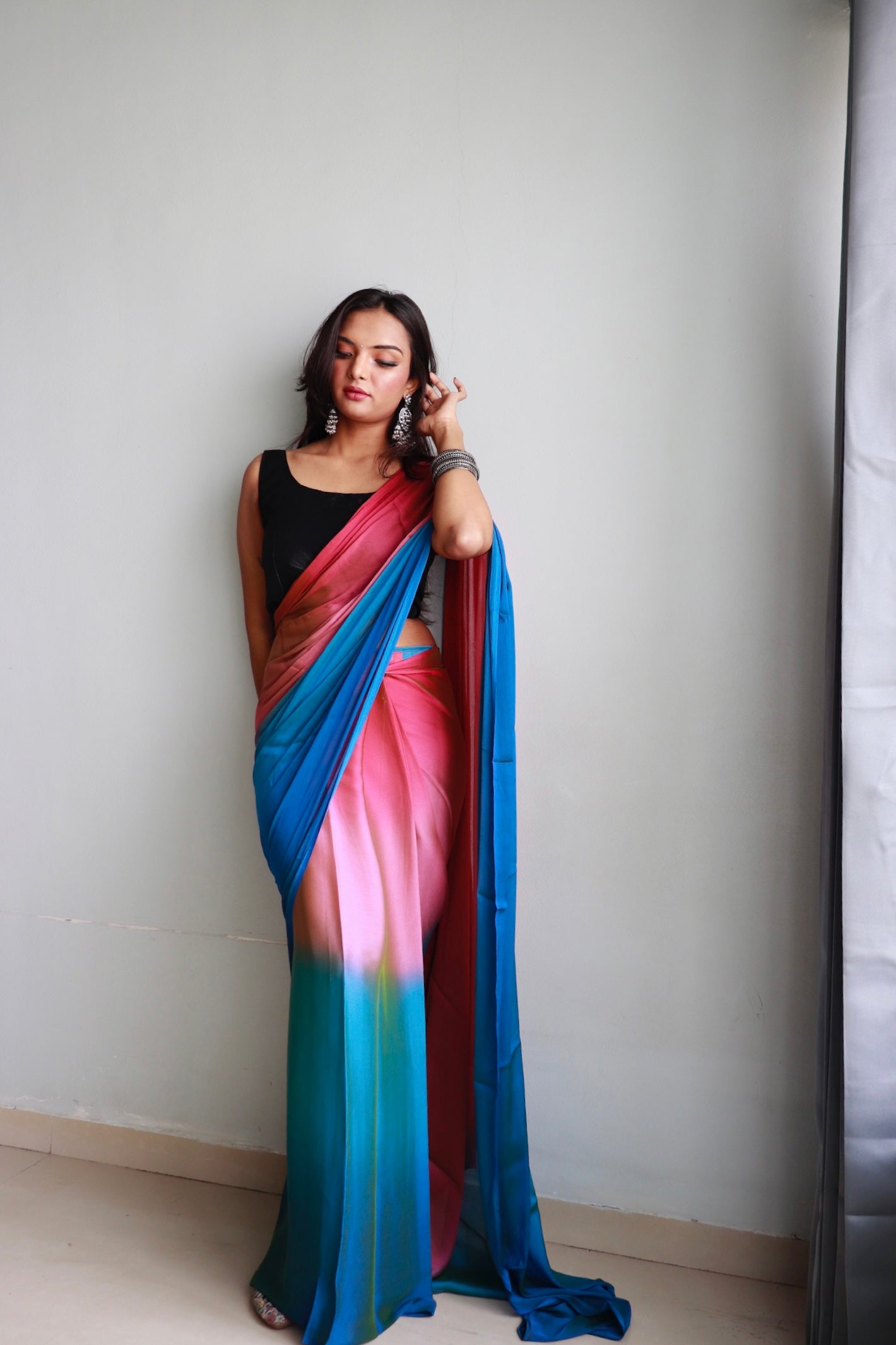 1 MIN Ready To Wear Pink-Sky Blue Dual shade Saree - Peacock