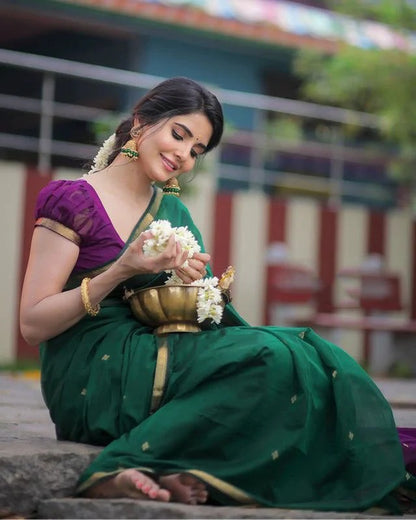 Revathi - Green Pure Linen Silk Saree with Jacquard Weaving and Contrast Purple Blouse
