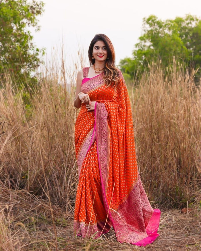Ishita - Orange Soft Banarasi Silk Saree with Jacquard Weaving