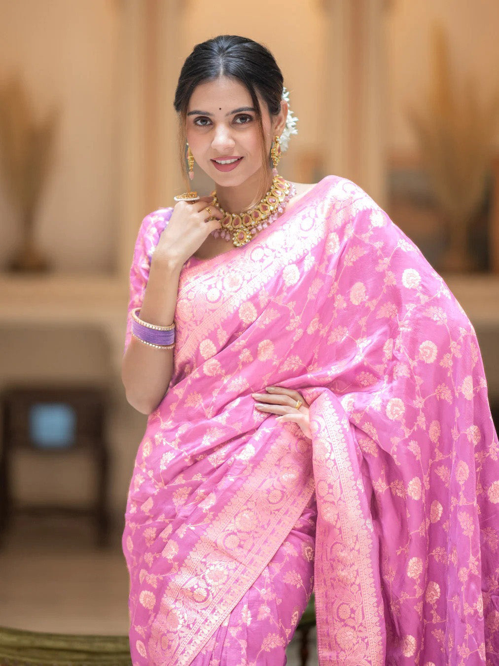 Hira BabyPink Banarasi Silk Saree With Amazing Blouse Piece