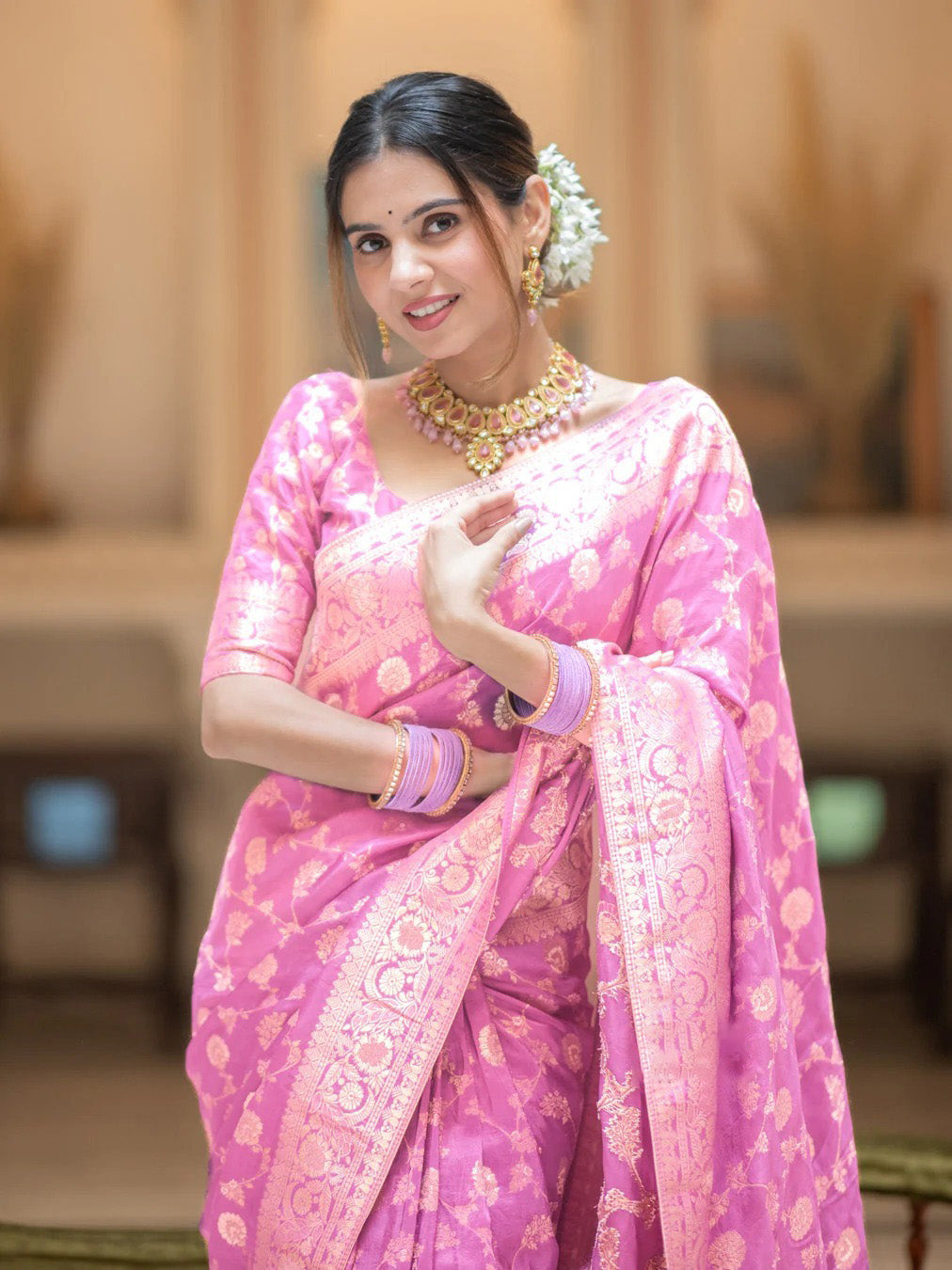 Hira BabyPink Banarasi Silk Saree With Amazing Blouse Piece