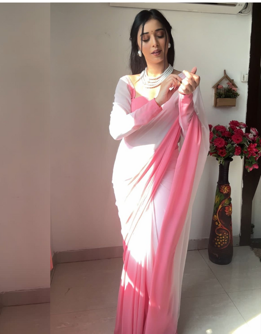 Lara Pink-White Ready To Wear Soft Silk Saree