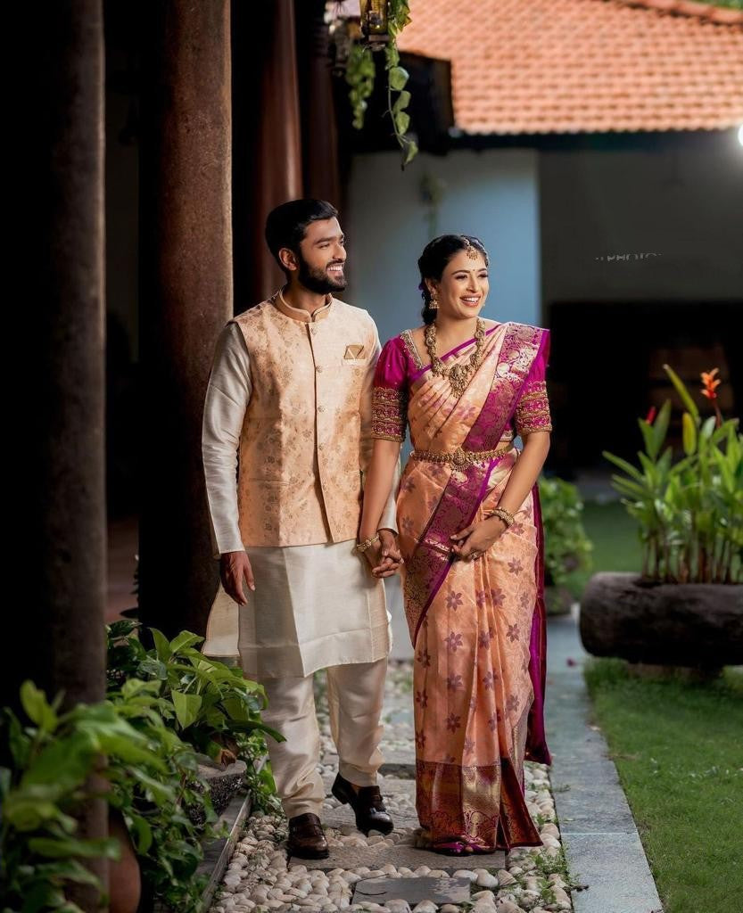 Madhuri Peach Soft Banarasi Silk Saree With Lovely Blouse Piece