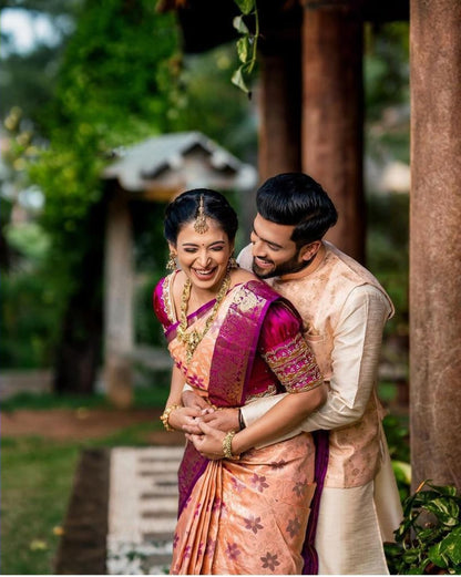 Madhuri Peach Soft Banarasi Silk Saree With Lovely Blouse Piece