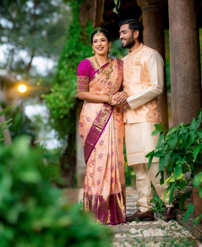 Madhuri Peach Soft Banarasi Silk Saree With Lovely Blouse Piece