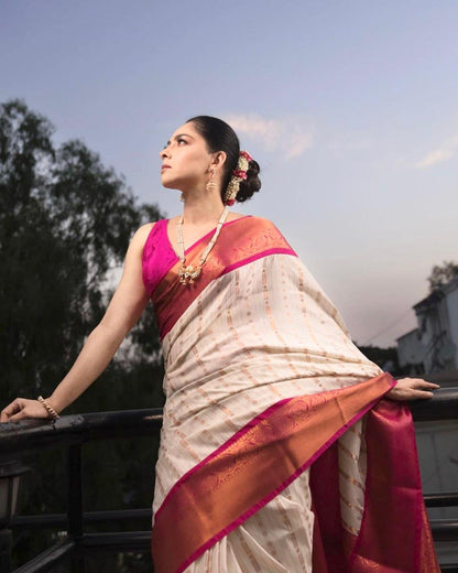 Veera White-Pink Banarasi Silk Saree