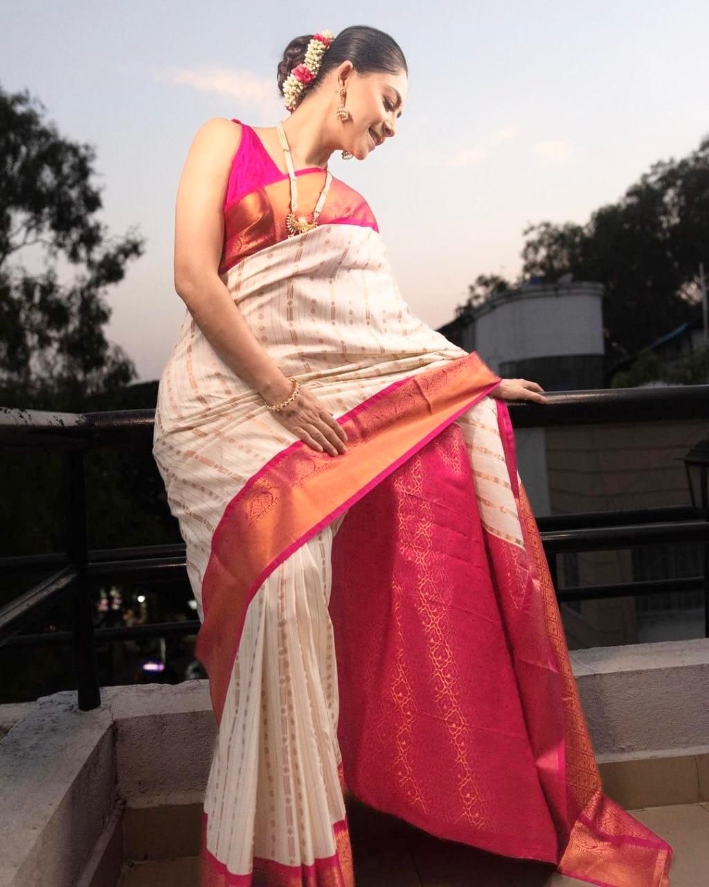 Veera White-Pink Banarasi Silk Saree