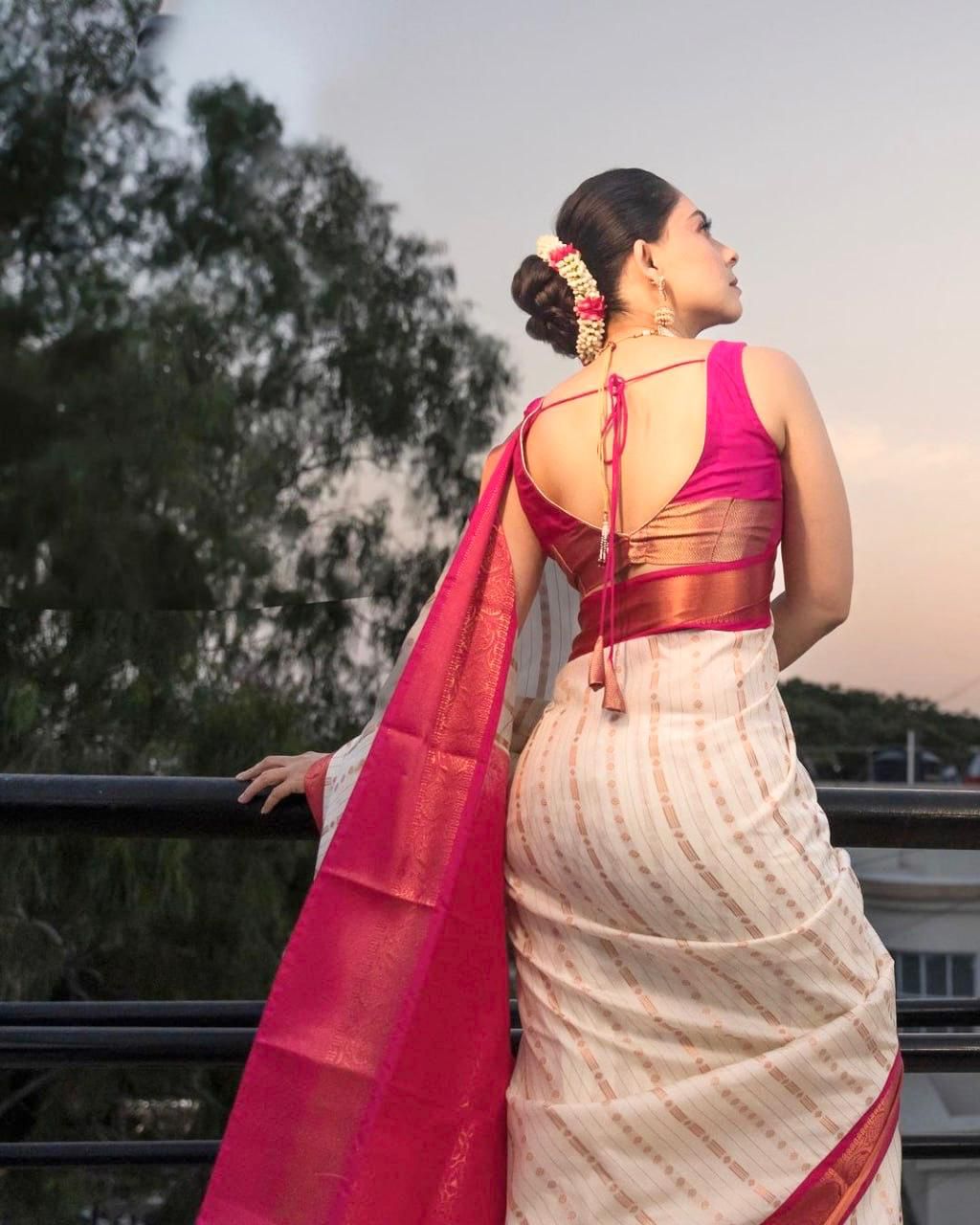 Veera White-Pink Banarasi Silk Saree