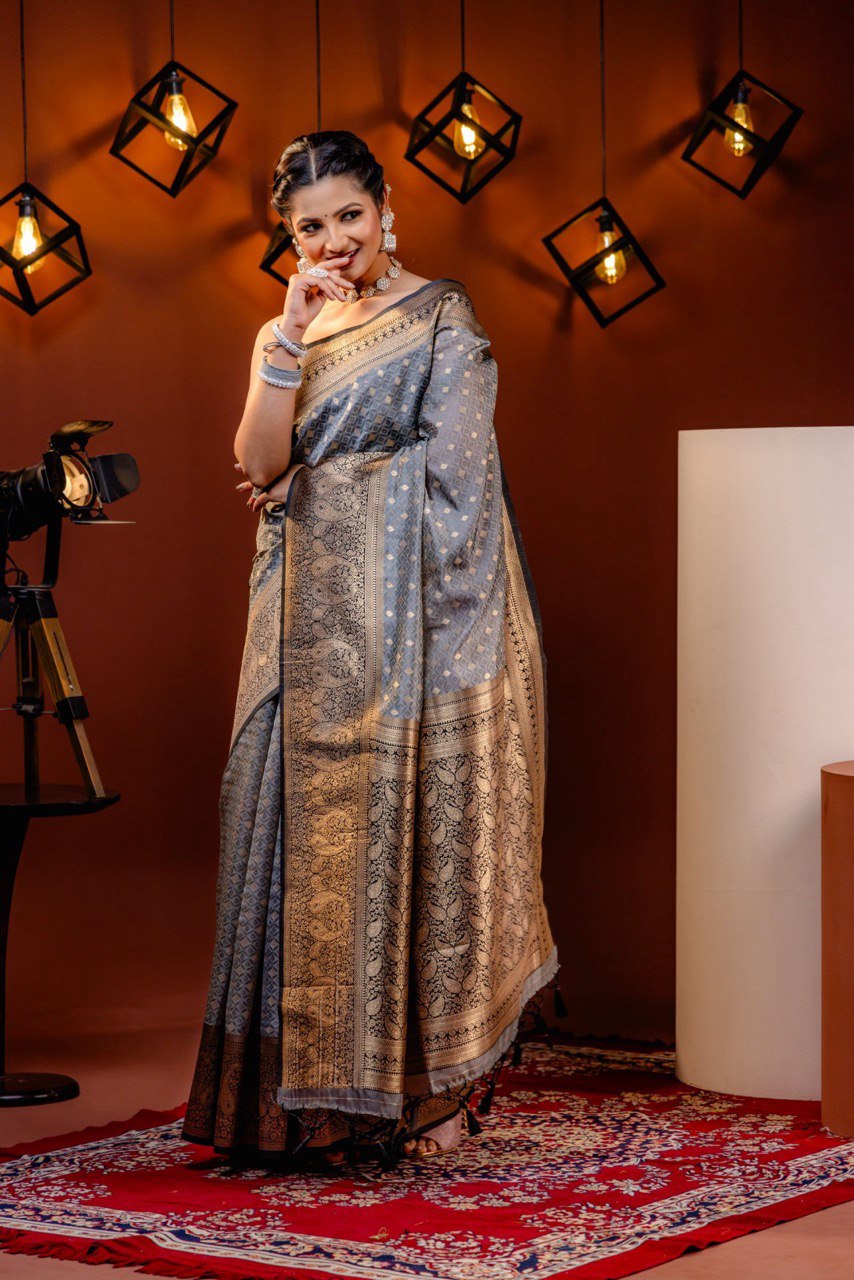 Ibarshani Grey Banarasi Silk Saree With Attractive Blouse Piece Attached