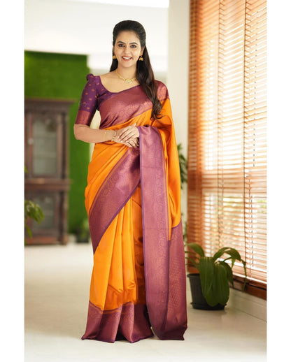 Ojas Yellow Soft Silk Saree With Attractive Blouse Piece Attached