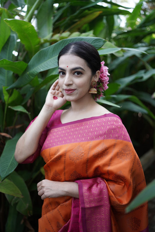 Incredible Orange Soft Banarasi Silk Saree WIth Attached Blouse Piece