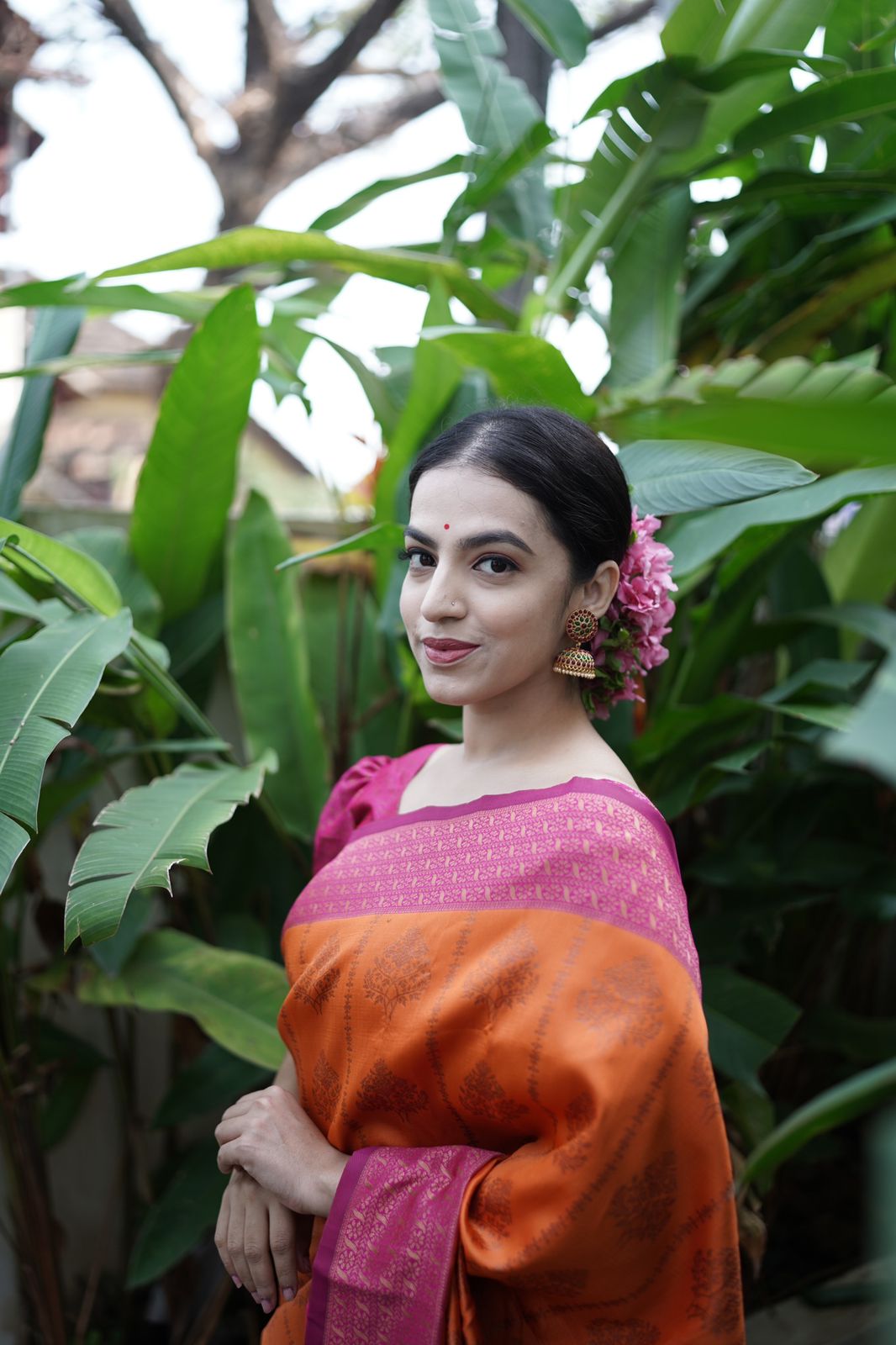 Incredible Orange Soft Banarasi Silk Saree WIth Attached Blouse Piece