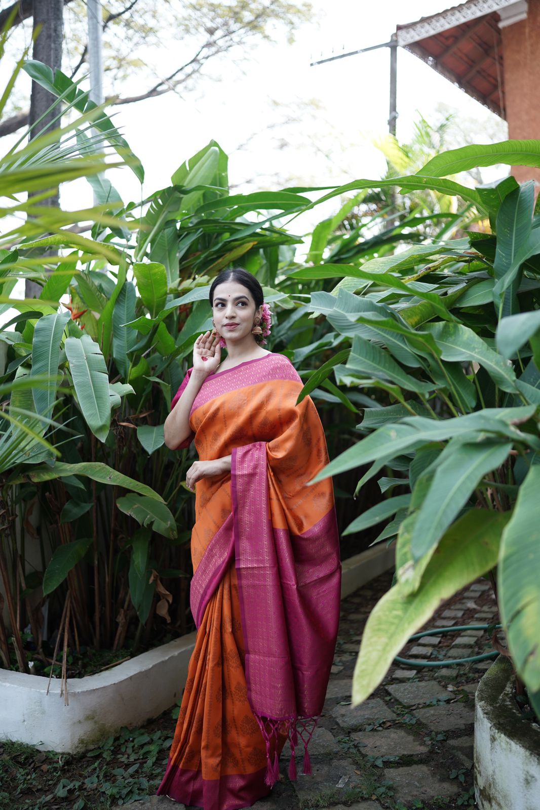 Incredible Orange Soft Banarasi Silk Saree WIth Attached Blouse Piece