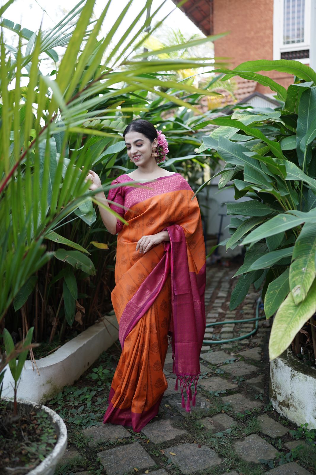 Incredible Orange Soft Banarasi Silk Saree WIth Attached Blouse Piece