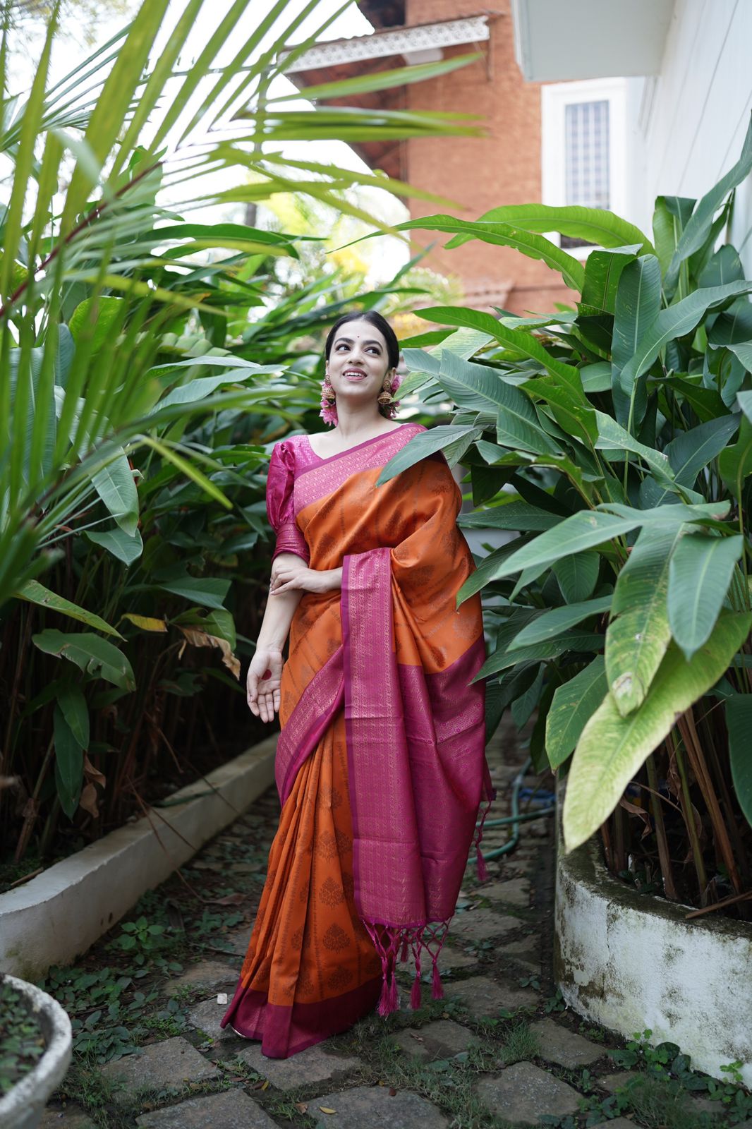 Incredible Orange Soft Banarasi Silk Saree WIth Attached Blouse Piece