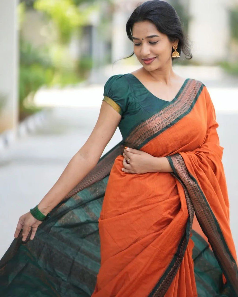 Exquisite Orange-Green Banarasi Silk Saree with Jacquard Detailing-Bhavna