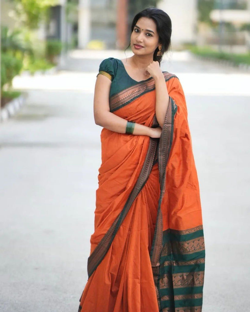 Exquisite Orange-Green Banarasi Silk Saree with Jacquard Detailing-Bhavna