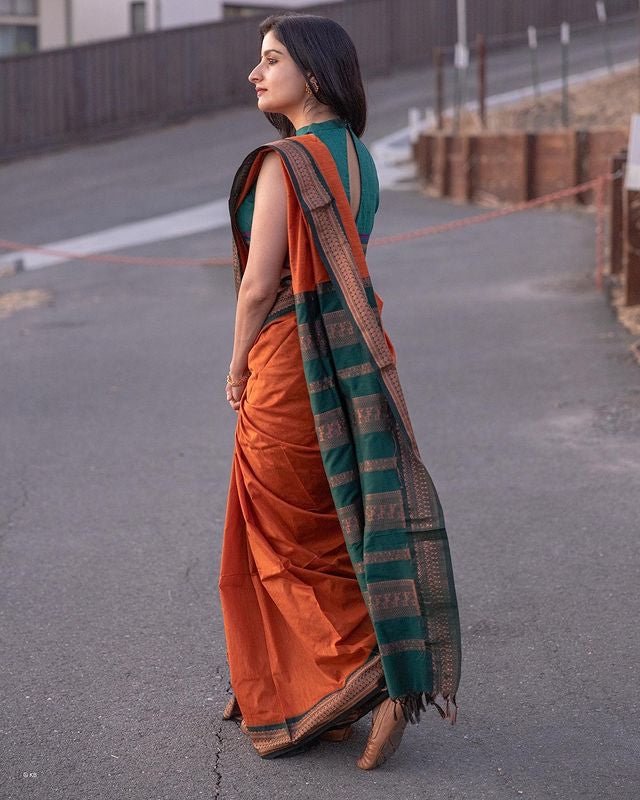 Sophisticated Orange-Green Banarasi Silk Saree with Rich Jacquard Design-BHAVNA