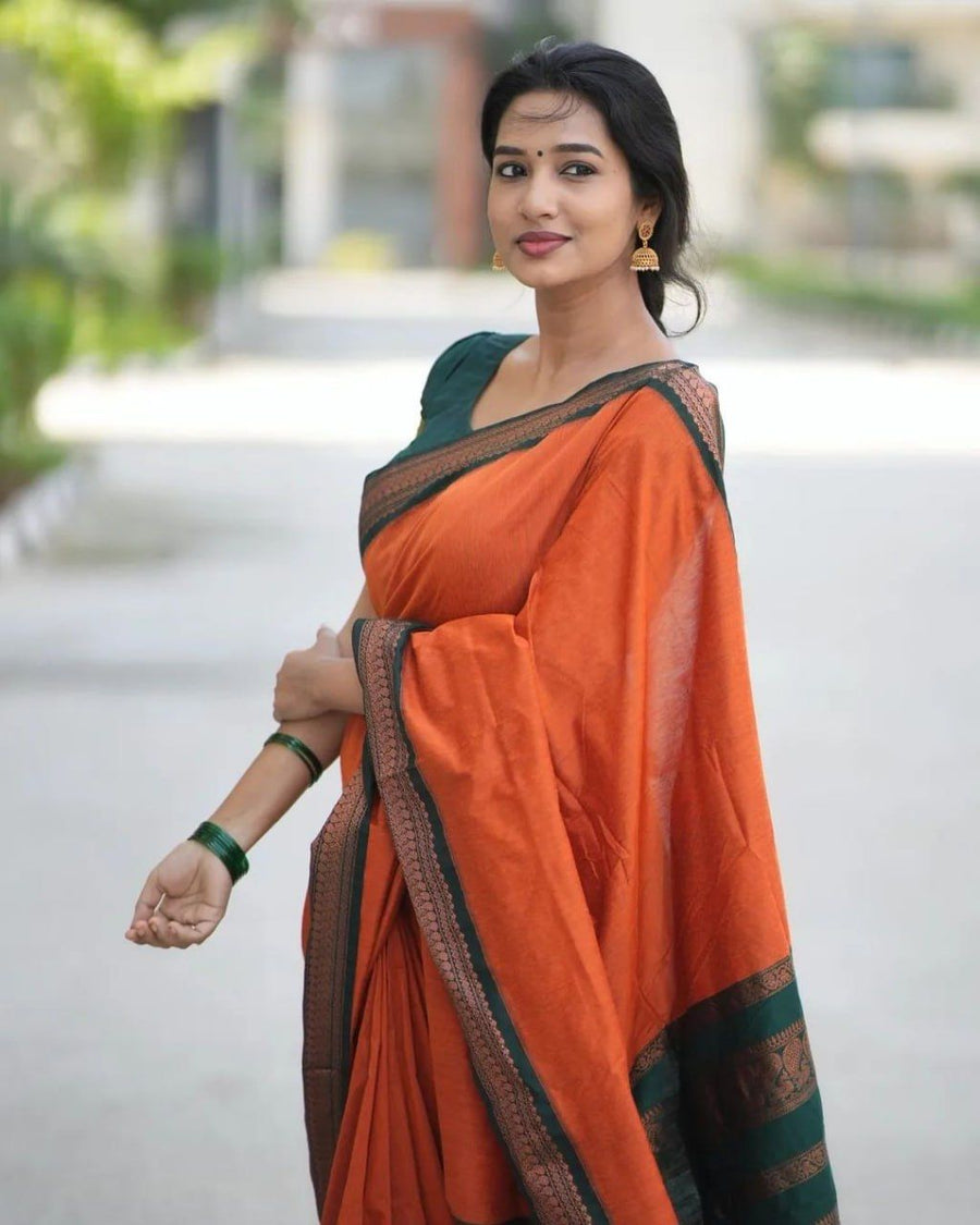 Exquisite Orange-Green Banarasi Silk Saree with Jacquard Detailing-Bhavna