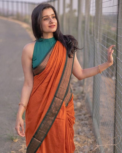 Sophisticated Orange-Green Banarasi Silk Saree with Rich Jacquard Design-BHAVNA