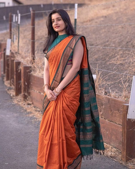 Sophisticated Orange-Green Banarasi Silk Saree with Rich Jacquard Design-BHAVNA