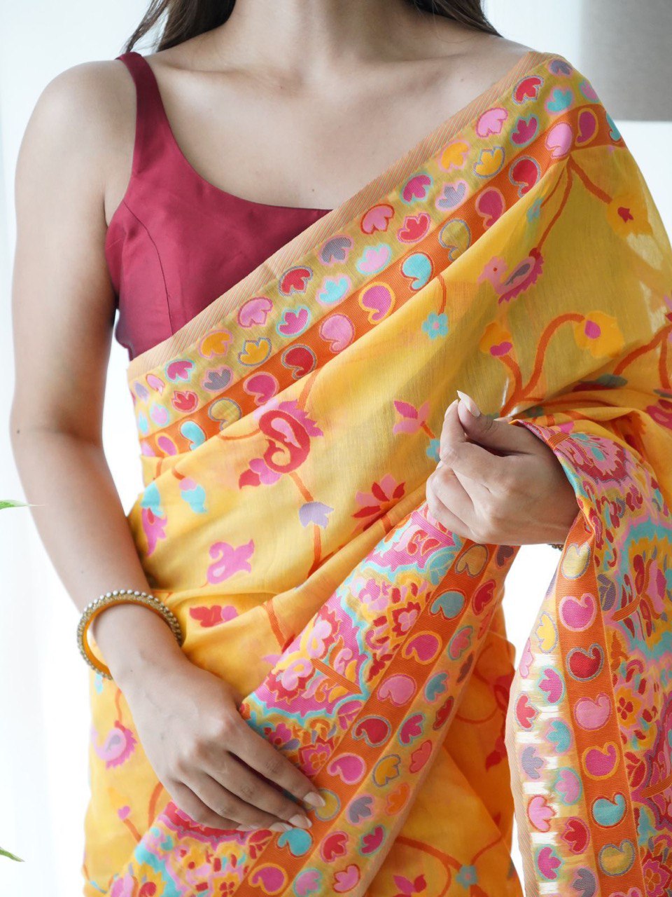 Mahira Yellow Cotton Woven Kashmiri Saree