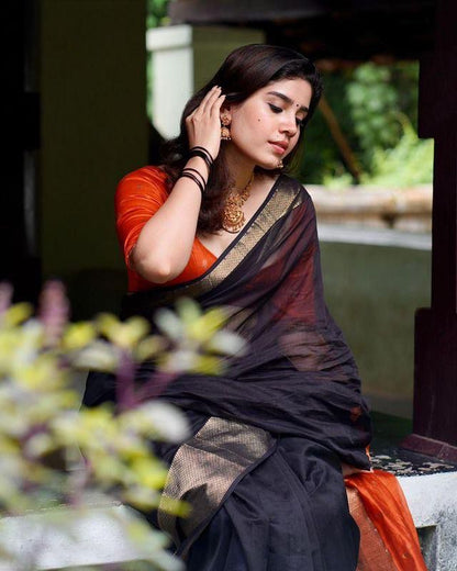 Ethnic Black-Orange Pure Cotton Silk Cotton (Handloom)