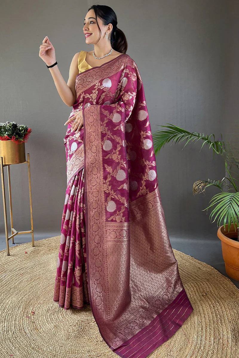 Orvi Wine Soft Banarasi Silk Saree With Imaginative Blouse Piece