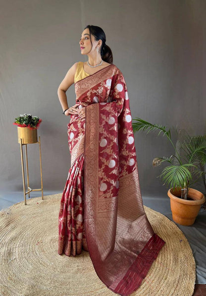 Orvi Red Soft Banarasi Silk Saree With Imaginative Blouse Piece