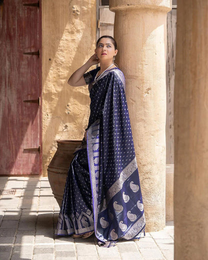 Hansoya Blue Banarasi Silk Saree WIth Beautiful Blouse Piece