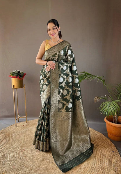 Orvi Green Soft Banarasi Silk Saree With Imaginative Blouse Piece