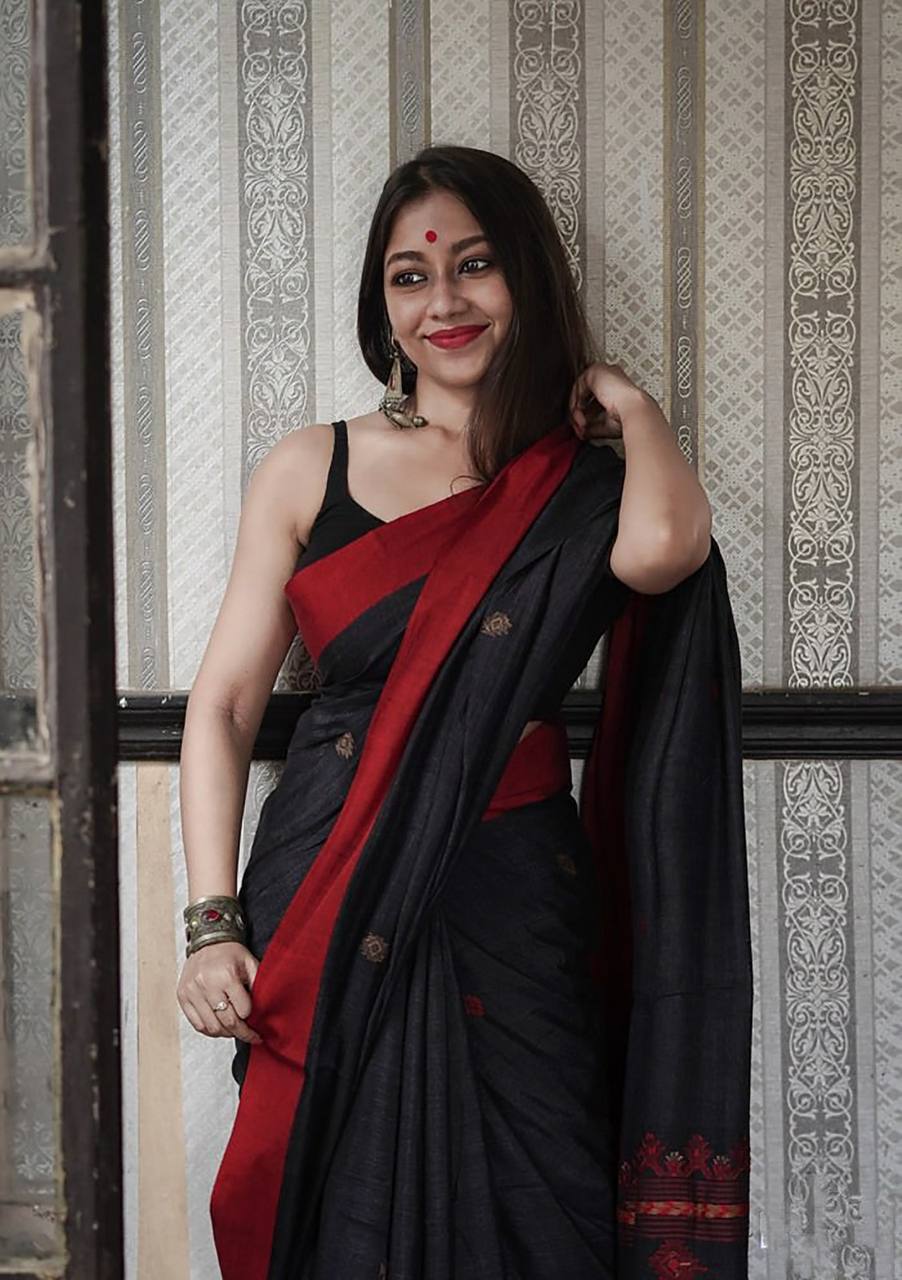 Vindhya BlackRed Border Soft Linen Slub Saree With AttractiveBlouse