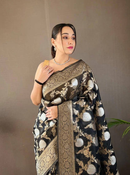 Orvi Black Soft Banarasi Silk Saree With Imaginative Blouse Piece