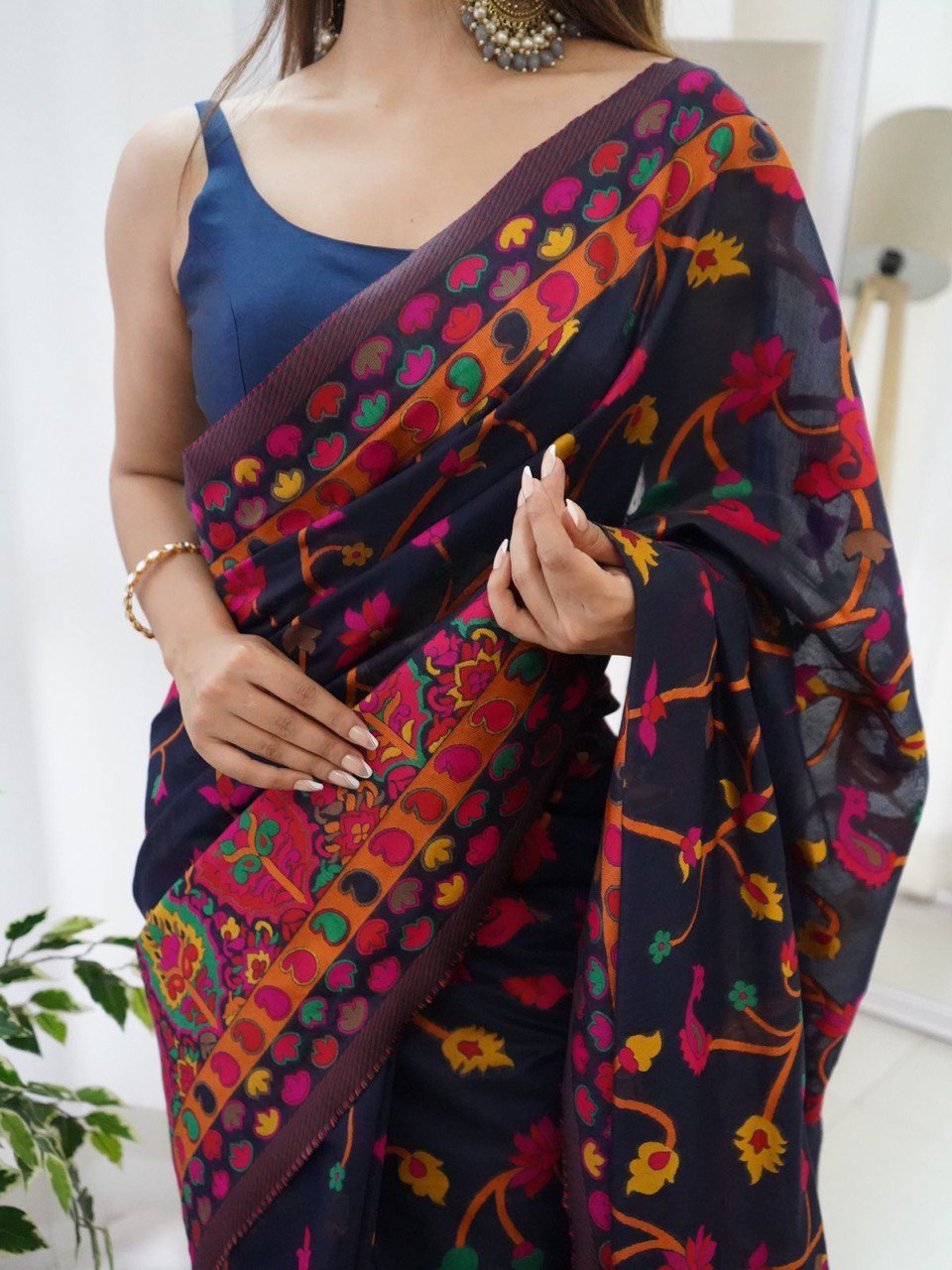 Mahira NavyBlue Cotton Woven Kashmiri Saree