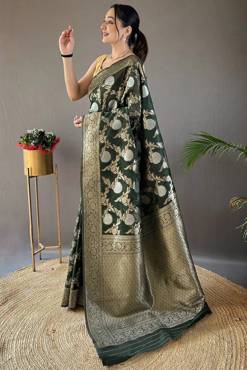 Orvi Green Soft Banarasi Silk Saree With Imaginative Blouse Piece