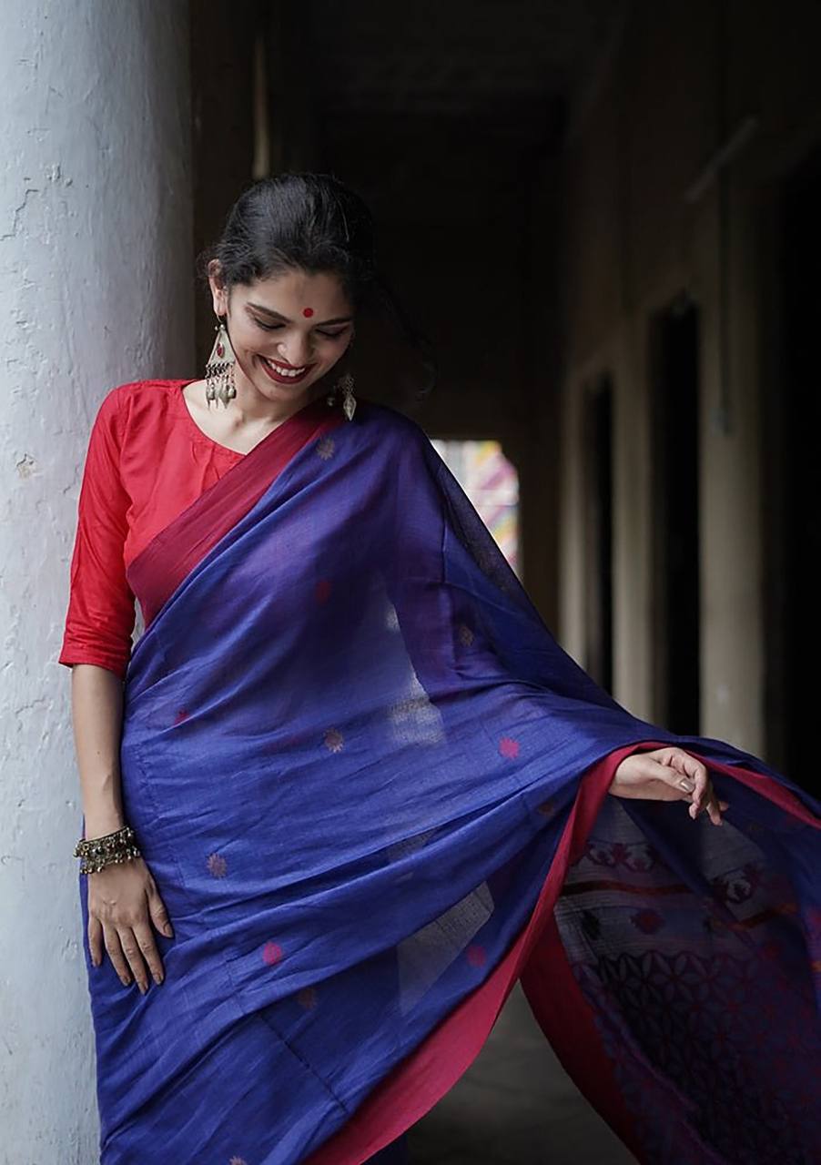 Vindhya Blue red Border Soft Linen Slub Saree With AttractiveBlouse