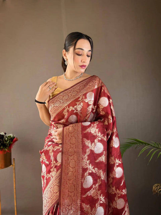 Orvi Red Soft Banarasi Silk Saree With Imaginative Blouse Piece